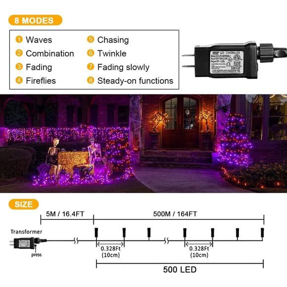 Halloween String Lights 164FT 500 LED Purple Orange 8 Modes Indoor Outdoor Decor - Picture 4 of 9